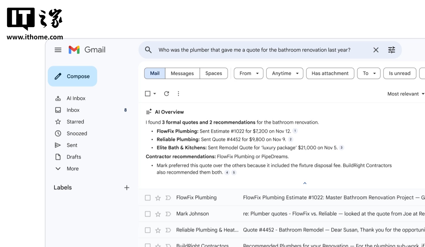 谷歌将 Gemini AI 助理引入 Gmail,可提供对话摘要、问答等功能