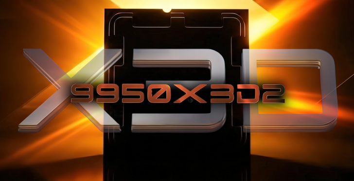The image features the text '9950X3D2' in front of a stylized CPU design with a glowing orange background.