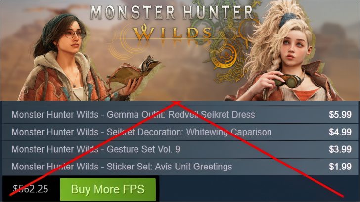 Characters from Monster Hunter Wilds PC are shown above a list of in-game purchases with prices, including 'Gemma Outfit Redveil Seikret Dress $5.99' and a button saying 'Buy More FPS,' all crossed out in red.