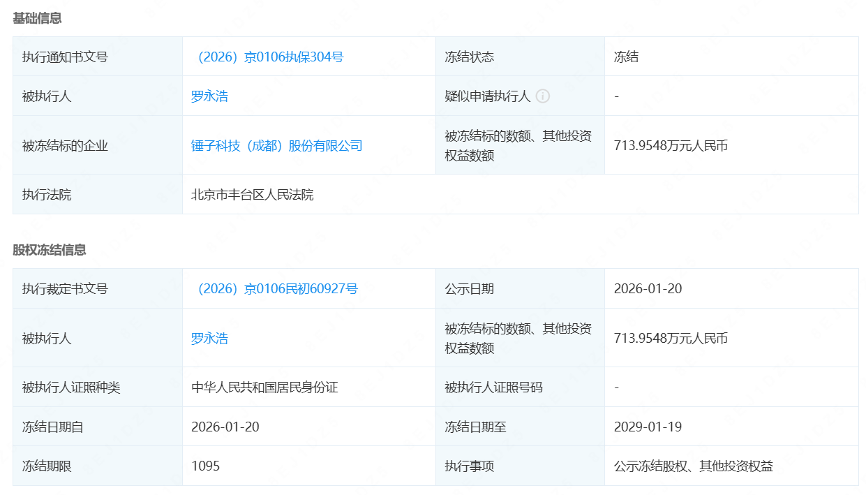 罗永浩所持锤子科技 714 万元股权被冻结