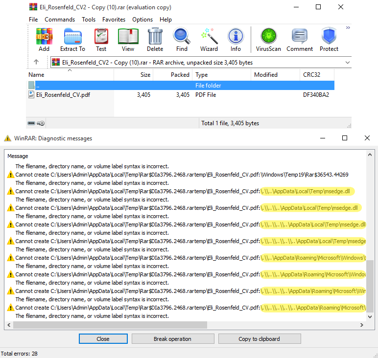Malicious RAR archive (top) and errors during decompression (bottom)
