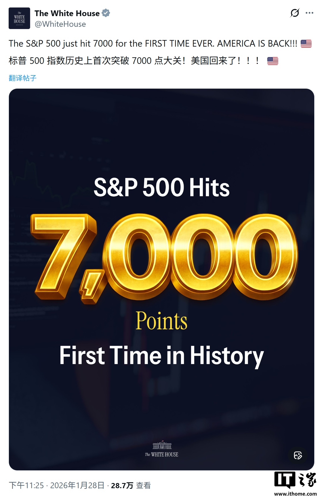 标普 500 指数今日首破 7000 点,互联网科技、半导体板块领涨