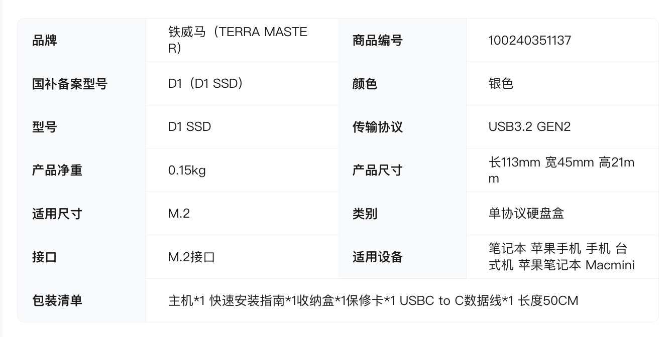 铁威马首款三防硬盘盒 D1 SSD 上架预售:IP67、10Gbps,199 元