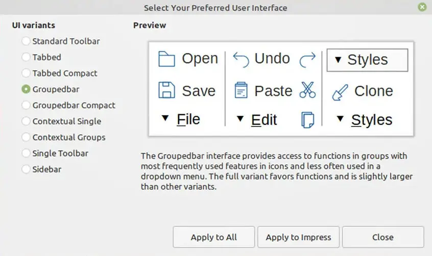炮轰微软 Office 功能区界面,LibreOffice 称自家 UI 设计更优秀 UI selection dialog